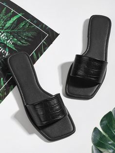 Free Returns ✓ Free Shipping On Orders $49+ ✓. Croc Embossed Slide Sandals- Heeled Sandals at SHEIN. Modern Heels, Slippers For Ladies, Women Flat Sandals, Latest Sandal, Handmade Slippers, Shoes Hack, Girly Shoes, Fancy Bags