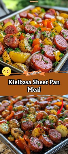 kielbasa sheet pan meal with sausage, potatoes and tomatoes in the bottom photo