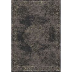 a dark rug with an ornate design on the center and bottom, in grey tones