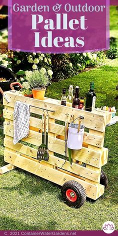 a garden and outdoor pallet ideas cart with gardening utensils on the back