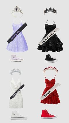 six different types of dresses and shoes with tiaras on them, all in different colors