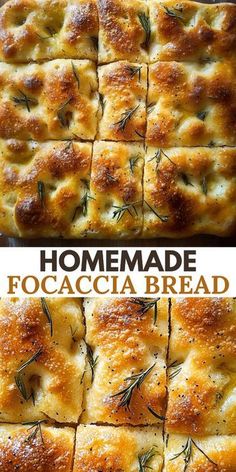 homemade focaccia bread cut into squares with rosemary sprigs on top