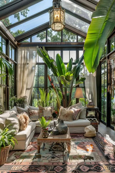 a living room filled with lots of furniture and plants