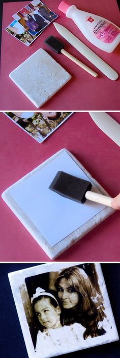 the process to make a photo collage is shown in three different stages, including paintbrushes and paper towels