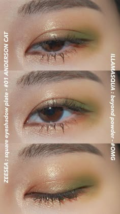 Asian Green Eyeshadow, Natural Green Makeup, Green Simple Makeup, Green Douyin Makeup, Simple Green Makeup, Green Makeup Looks Simple, Green Gold Makeup, Eyeshadow Looks Green, Cottagecore Makeup Looks