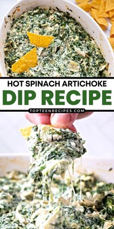 spinach artichoke dip recipe in a white bowl with tortilla chips