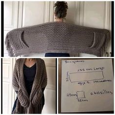 a woman wearing a gray knitted shawl next to a whiteboard with instructions on it