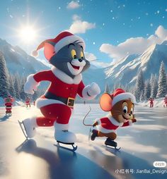 an animated mouse and rat skating in the snow with santa claus on his back,