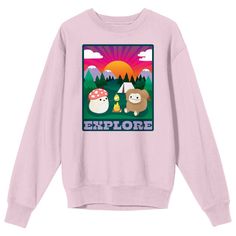 Embark on an adventure with this unisex adult cradle pink Squishmallows crew neck long sleeve sweatshirt. Featuring a charming illustration of Malcolm and Benny exploring, with purple letters below spelling out "Explore," this sweatshirt captures the spirit of adventure. Made with a blend of cotton and polyester, it offers a comfortable and cozy fit. The sweatshirt is machine washable on cold with like colors and can be tumble dried on low heat, ensuring easy care and maintenance. Purple Letters, Charming Illustration, Cozy Fits, Branded Sweatshirts, Pink Sweatshirt, Christmas Presents, Long Sleeve Sweatshirts, Outdoor Activities, Sleeve Styles