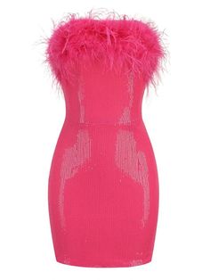 Elon's Feathered Bodycon Mini Dress Hot Pink Cocktail Dress, Sequin Coats, Dress Fur, Edgy Glam, Designer Party Dresses, Cocktails Bar, Birthday Shoot, Mini Pink, Beautiful Aesthetic