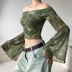 Green Outfit Y2k, Green Shirt Aesthetic, Fitted Tops Outfit, Vintage Green Outfit, Whimsical Tops, Green Outfits Aesthetic, Shirt Aesthetic Outfit, Plant Clothes, Off Shoulder Top Outfit