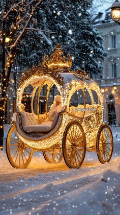 a horse drawn carriage is decorated with christmas lights and decorations in the snow at night