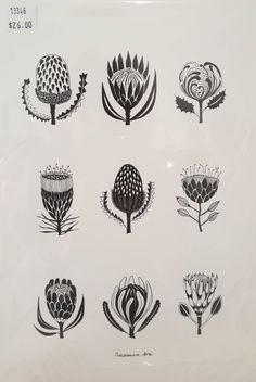 a bunch of different types of flowers in black and white on a sheet of paper