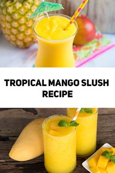 tropical mango slushy recipe with pineapples in the background and two glasses filled with orange juice