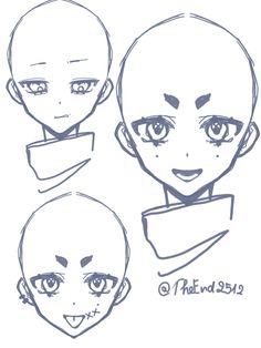 some drawings of different facial expressions for the character's face and head, including one with