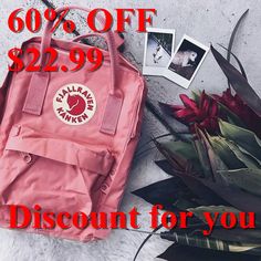 a pink backpack sitting on top of a white rug next to flowers and pictures with the words, 60 % off $ 29 99 discount for you