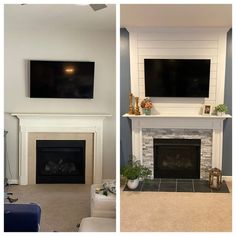 two pictures of a living room with fireplace and flat screen tv on the mantel