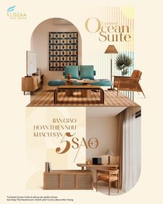 an advertisement for the ocean suite with furniture and decor on it's side, including a couch