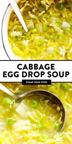 cabbage egg drop soup in a white bowl with a spoon