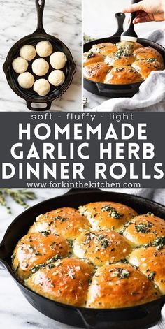 homemade garlic herb dinner rolls in a cast iron skillet with text overlay that reads soft - nutty light homemade garlic herb dinner rolls