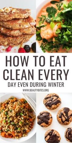 the cover of how to eat clean every day even during winter, with pictures of different foods