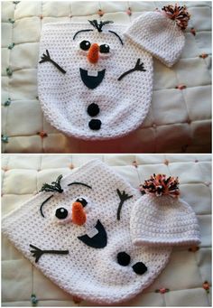 crocheted snowman hat and scarf with pom - pom