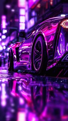 a purple sports car is parked on the street