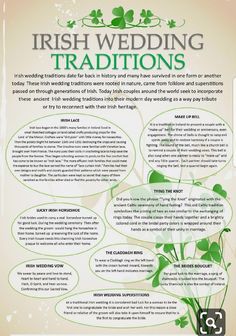 the irish wedding traditions info sheet with shamrocks and clover leaves on it's side