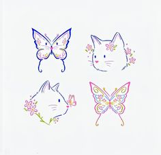 four different colored drawings of cats and butterflies