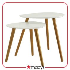 two tables with wooden legs and white tops