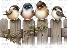 three little birds sitting on top of a wooden fence with flowers and leaves around them