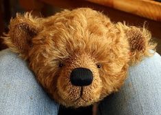 a brown teddy bear sitting on top of someone's lap with his arm wrapped around him