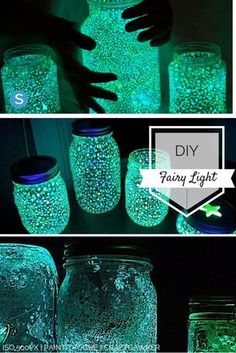 glow in the dark mason jars filled with fairy lights