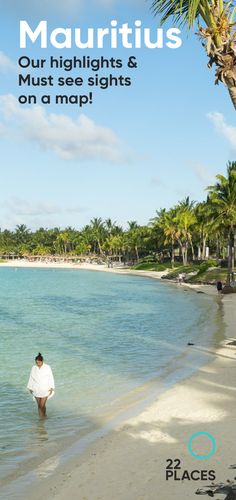 a man standing on top of a sandy beach next to the ocean with text overlay that reads maurttus travel tips know before you go & where to stay