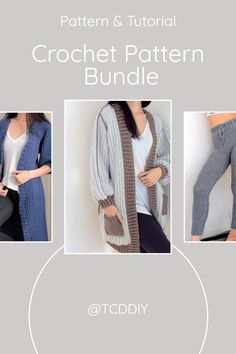 the crochet pattern is shown in three different pictures, including an open cardigan and