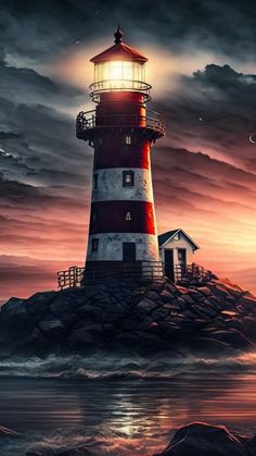 a painting of a lighthouse on top of a rock in the ocean at night time