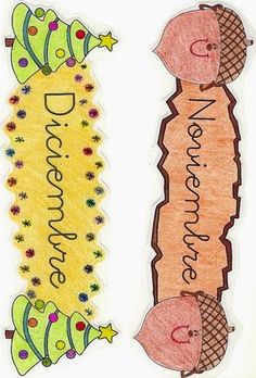 two children's bookmarks with the words november and december written in different languages