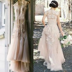 two pictures of the same dress, one in pink and one in beige with white flowers