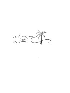 a black and white drawing of a palm tree with a shell on it's side