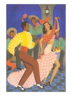 a painting of two people dancing in front of other people wearing sombreros and hats