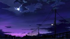 the night sky is purple and full of stars, with power lines in the foreground