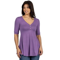 This versatile henley style top is perfect for dressing up or down for any occasion. A delicate v neck, button detailing, slim fit waist and flared hemline makes this top a mix of fashion and practicality. Perfect to wear by itself during the warmer months or to layer with in the colder months. Pair this top with slacks and a blazer for a stylish professional look or dress it down with shorts and slides. Made from a comfortable stretch material. Fitted Tunic Tops, Maternity Tunic, Sleeveless Tunic Tops, Short Sleeve Tunic Tops, Fitted Tunic, Flare Long Sleeve, Short Sleeve Tunic, Tunic Tank Tops, Medium Purple