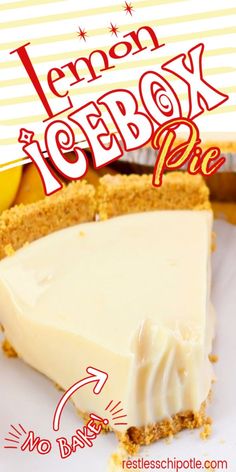 there is a piece of lemon tartboy pie on the plate with text overlay