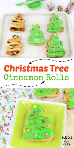 christmas tree cinnamon rolls with green frosting and sprinkles