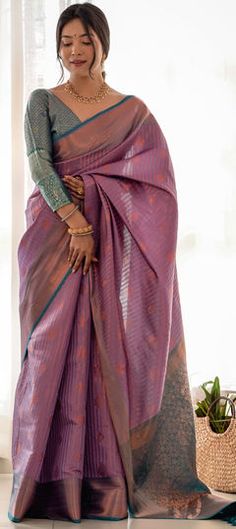 Purple and Violet color Saree in Kanjeevaram Silk fabric with Weaving work Kanjivaram Sarees Silk Bridal, Violet Saree, Latest Saree Trends, Pattu Silk Saree, Saree Hairstyles, Kanjivaram Sarees Silk, Checks Saree, Crepe Saree, Brocade Blouses