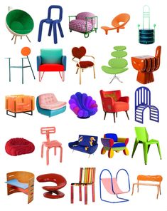 many different types of chairs and tables are shown in this image, including one for each chair