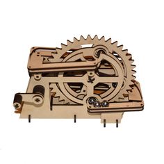 a wooden clock with gears attached to it