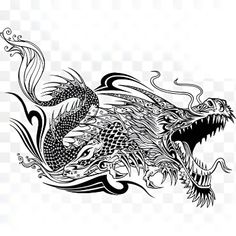 a black and white drawing of a dragon