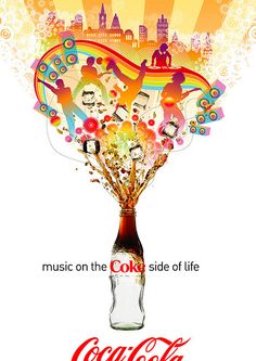 a bottle filled with lots of different items on top of a white background and the words live on the coke side of life