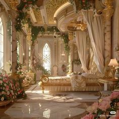 an elaborate bedroom with flowers and curtains on the ceiling, decorated in white and gold